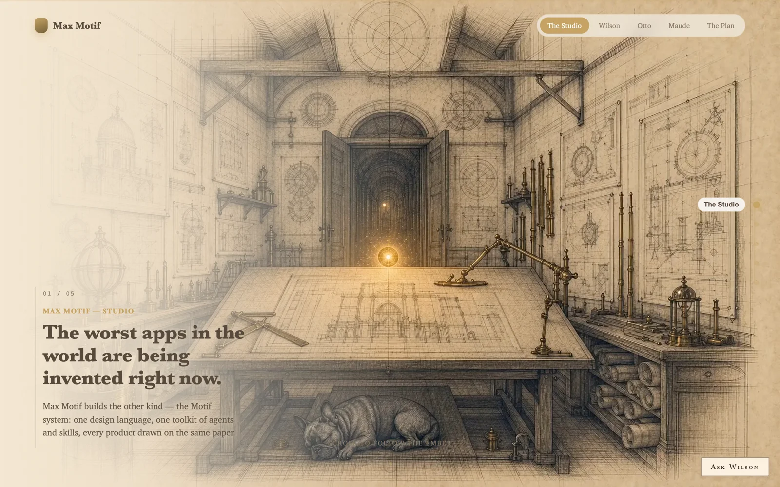 maxmotif.com — the studio's own site: a scroll-driven flight through a fine-line blueprint world.