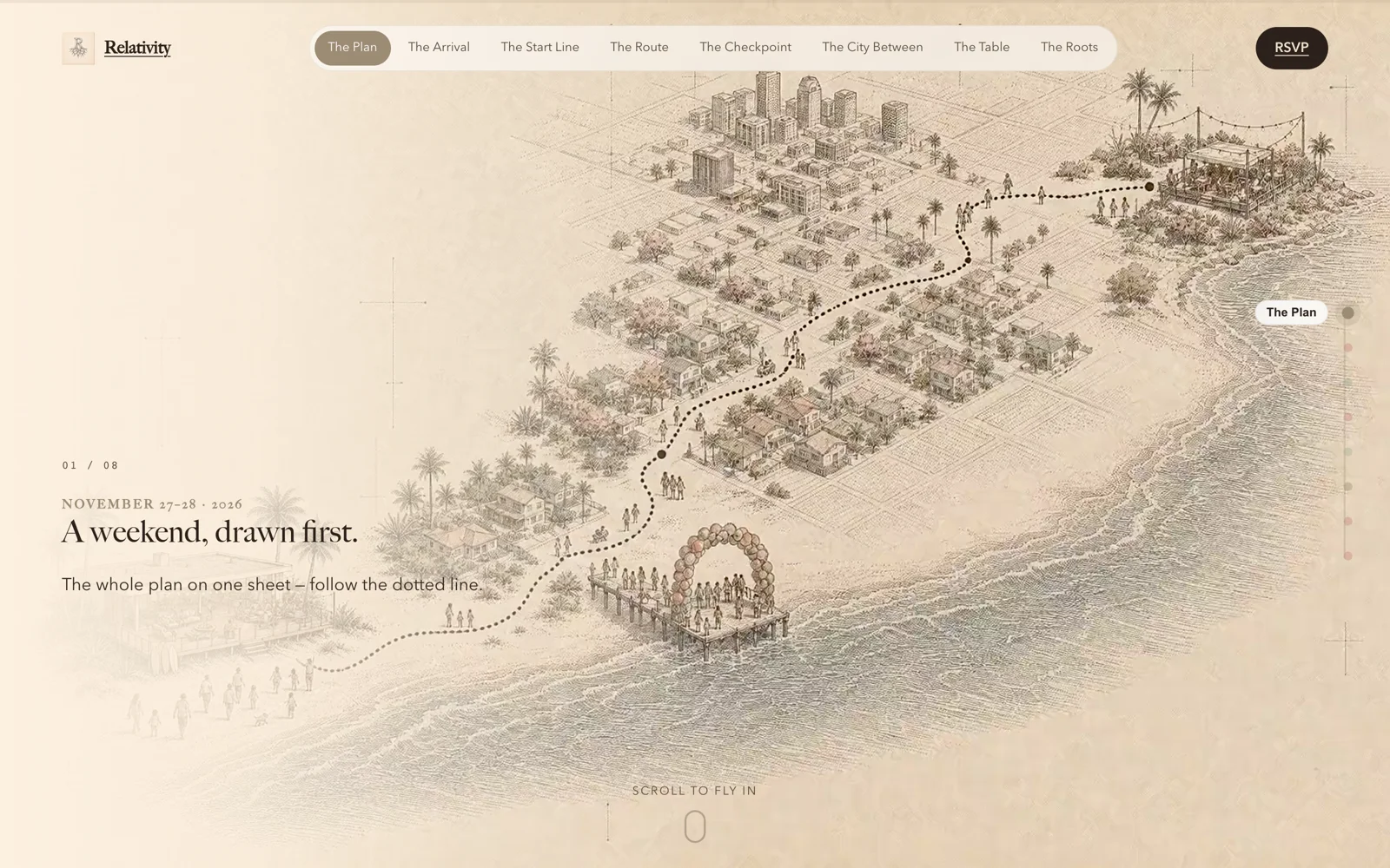 Relativity — a wedding-weekend site drawn as one continuous illustrated map; scroll follows a dotted line through the whole plan.