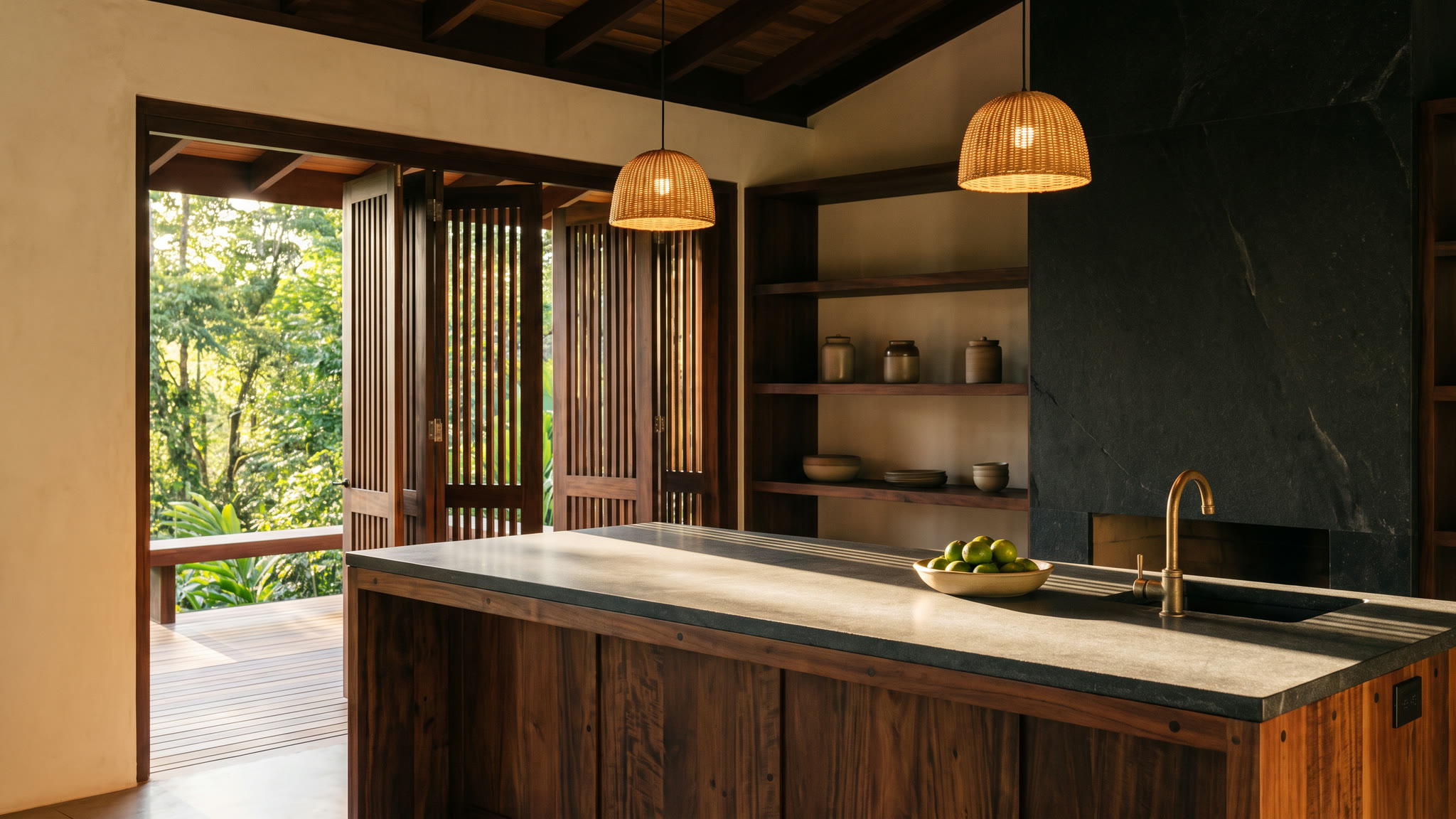 Kitchen island of pegged hardwood with a dark stone top, against a black volcanic stone wall, screens folded open to the deck.