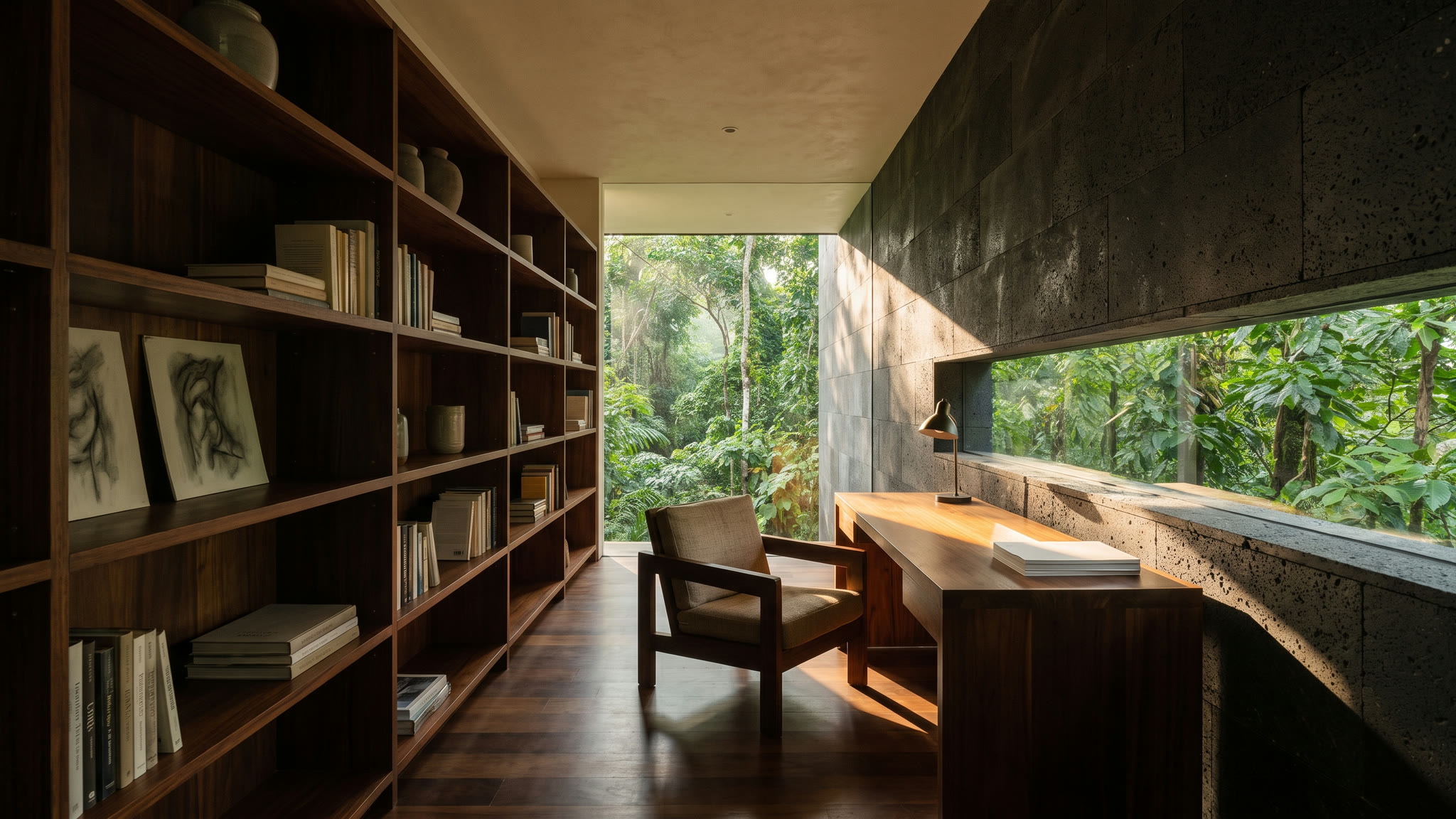 A long narrow library and study against the stone spine wall, a slot window at desk height framing green canopy.