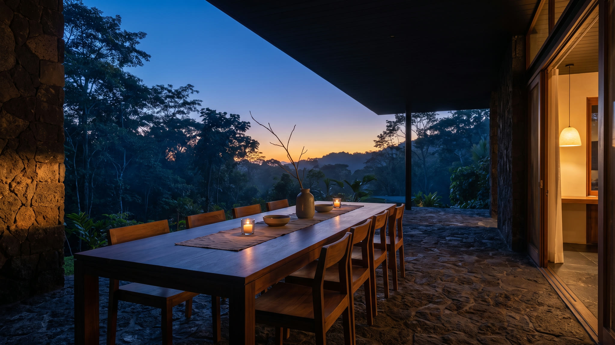 A long dining table on a covered terrace at dusk, candles lit, amber horizon behind the ridge.