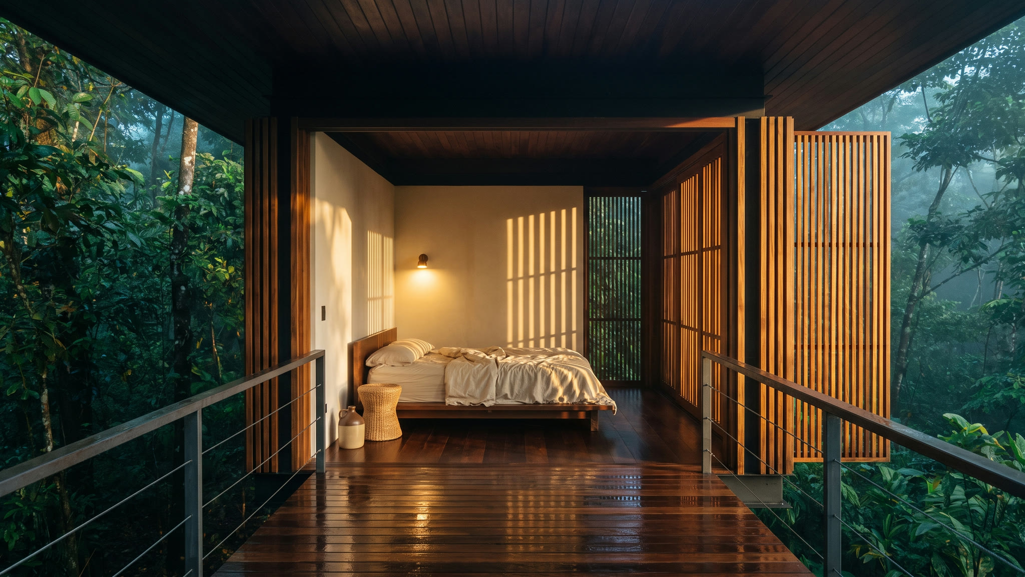 A guest pavilion seen from a wet hardwood bridge, screens folded open, slat shadows across a platform bed.