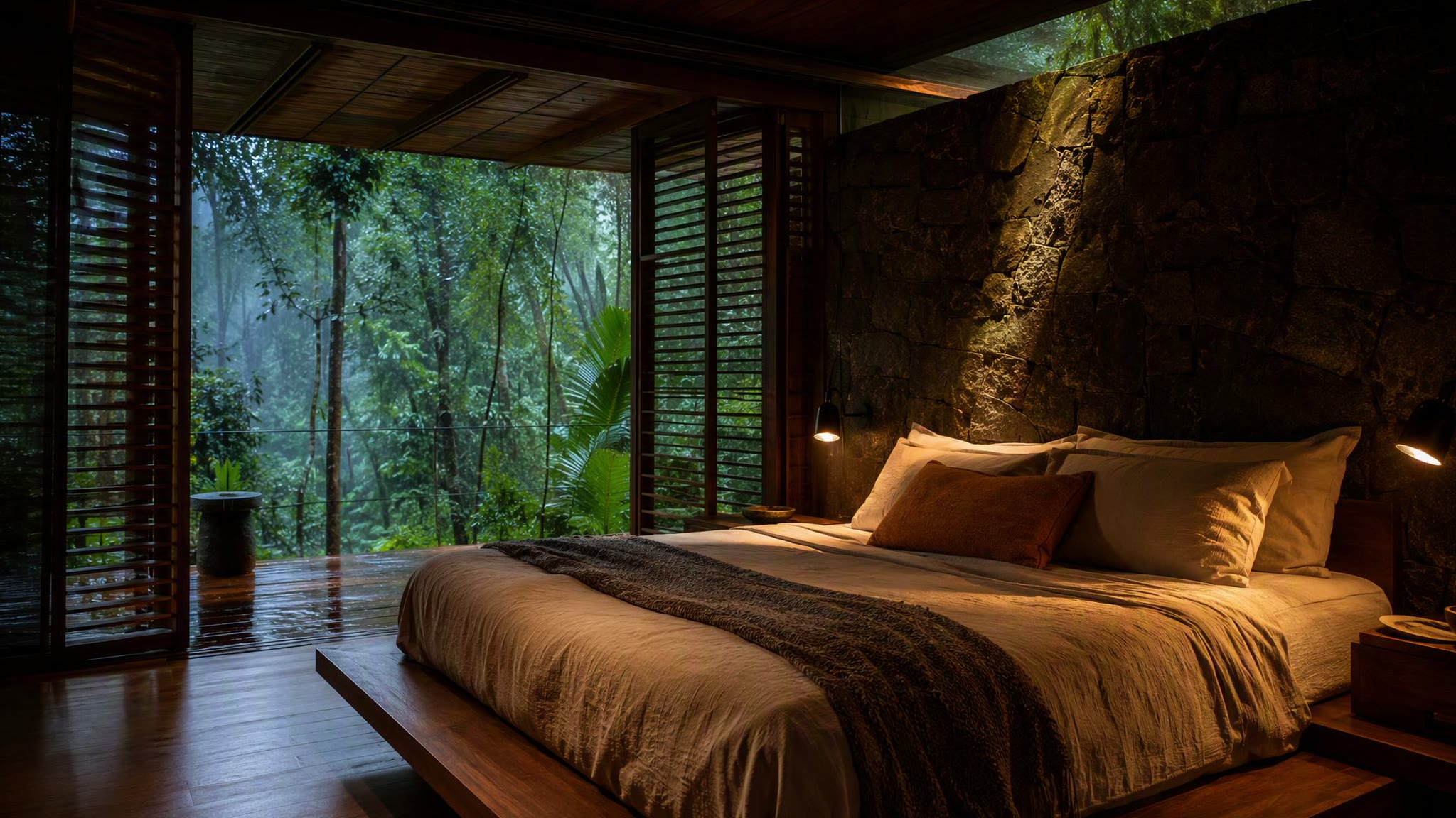 Primary suite with half-closed timber screens, a stone wall behind the bed, wet deck beyond.