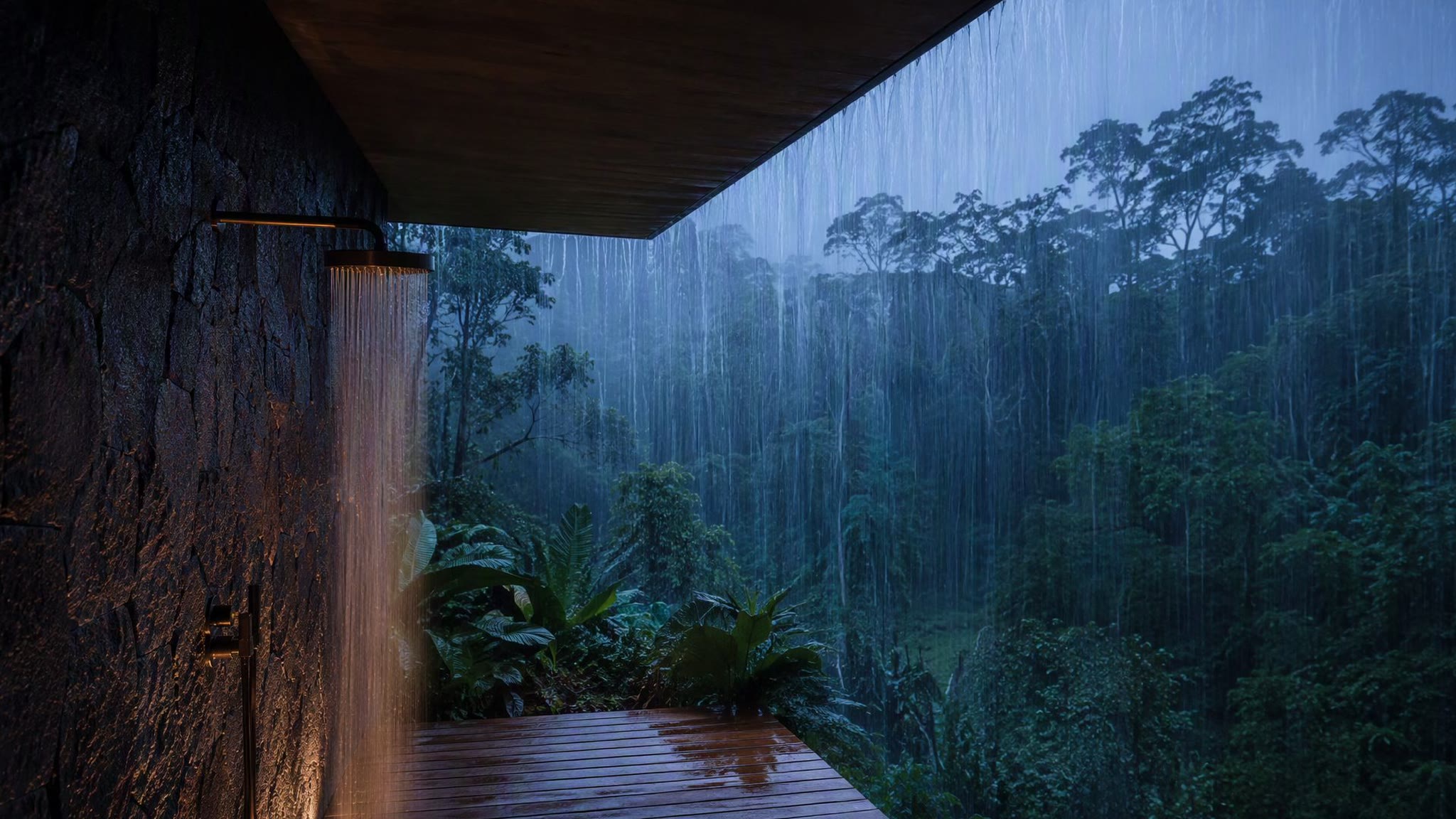 Outdoor shower at the roof's rain edge, rain falling in threads over dark canopy at blue hour.