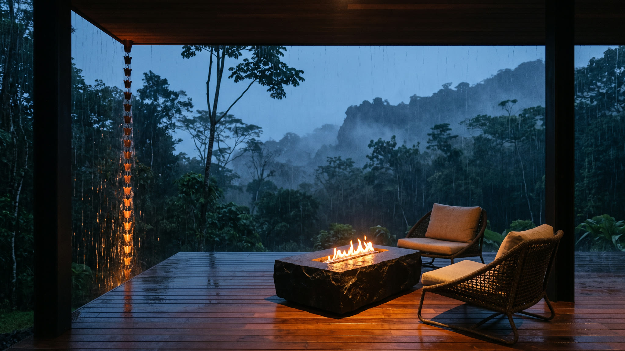 A fire channel burning in a block of volcanic stone on a wet deck, rain falling beyond the roof edge.