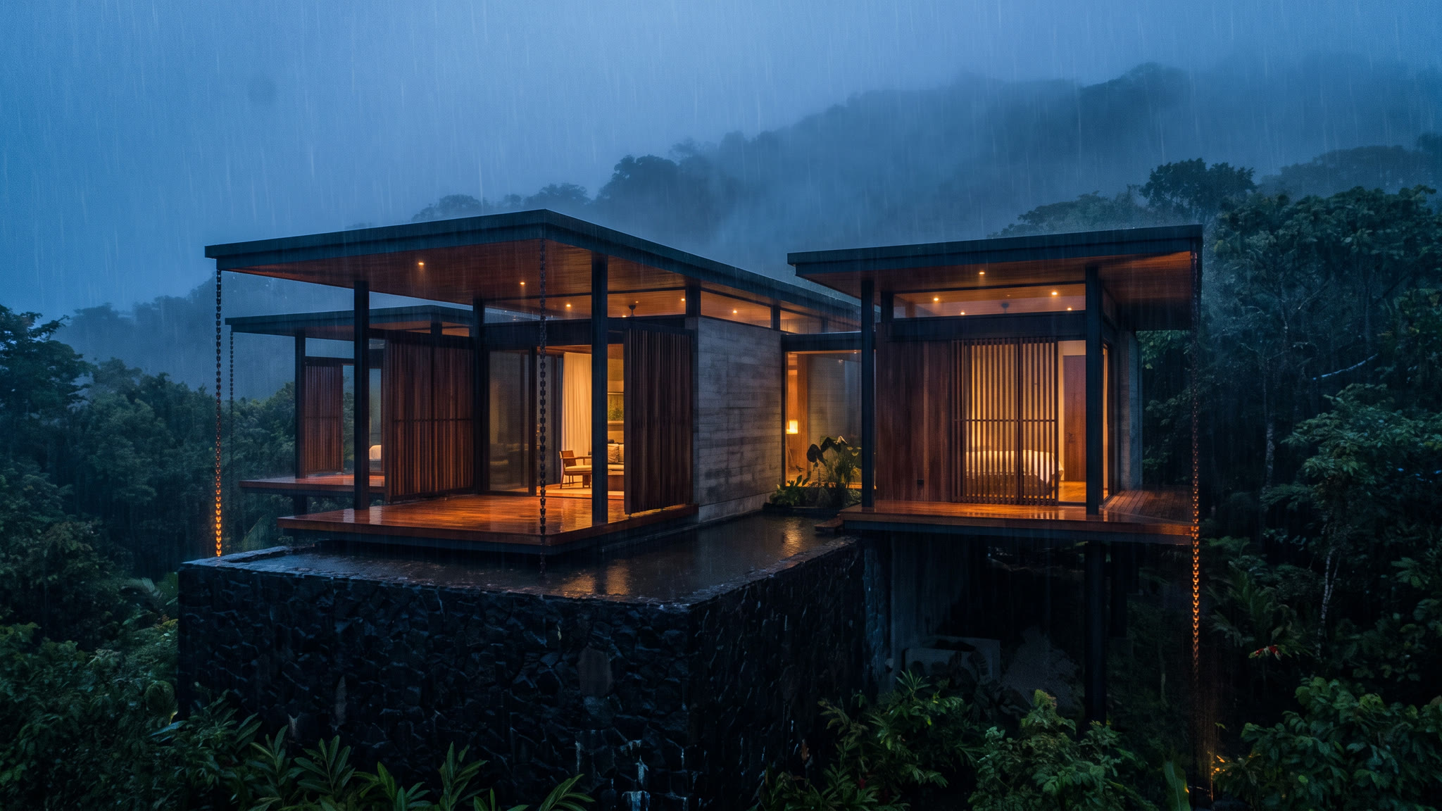 The whole house seen from across a canopy gap at blue hour in rain, every room lit warm from within.