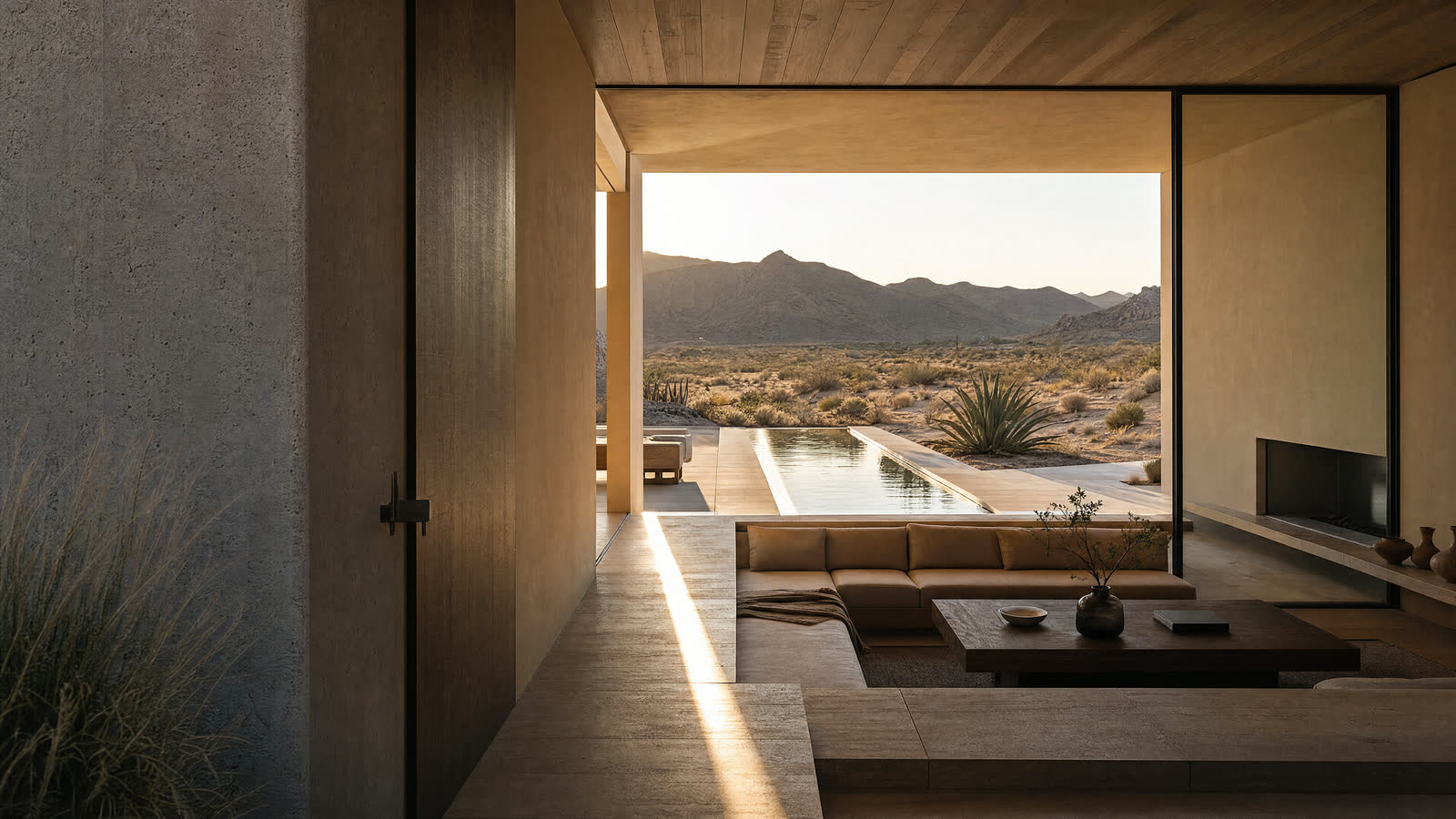 A shaded desert-house entry aligned with a long pool and mountains beyond