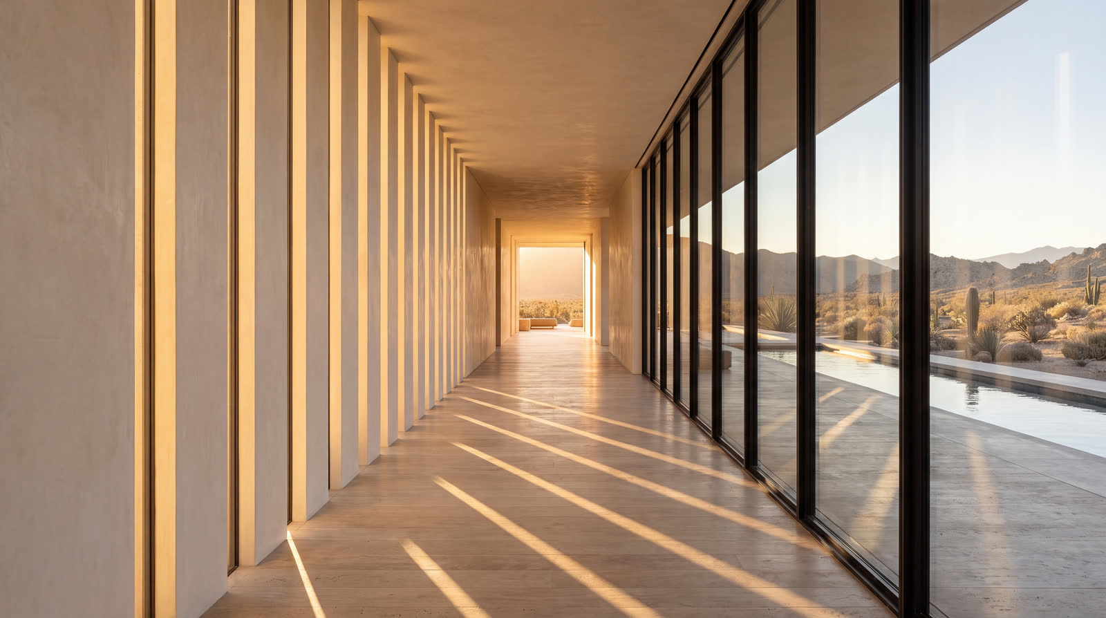 A long interior gallery beside the pool, narrow clerestory slots throwing a repeating ladder of warm sun across travertine.