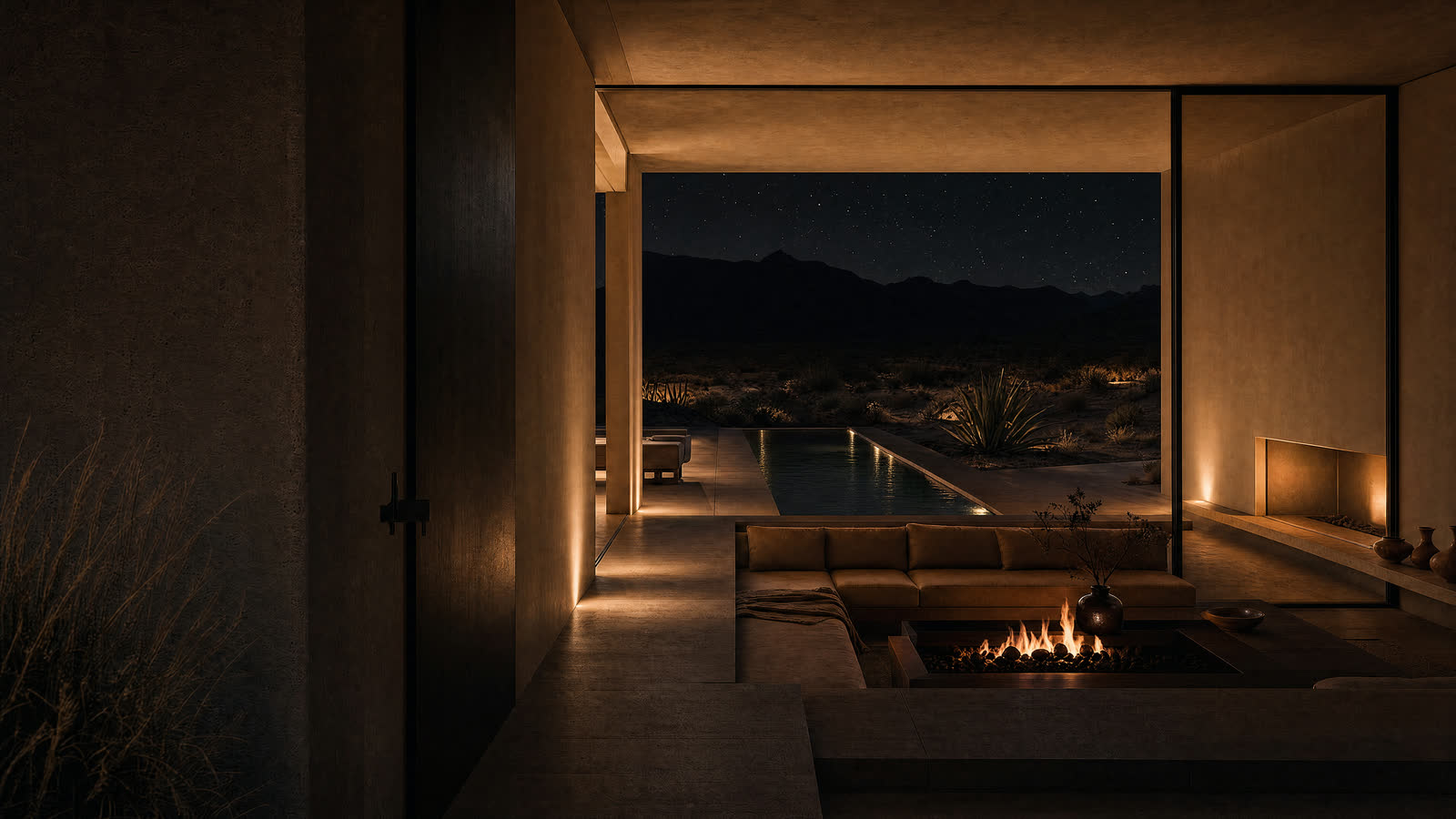 A dark room lit only by a low fire, the pool and desert reduced to a few warm reflections beyond.