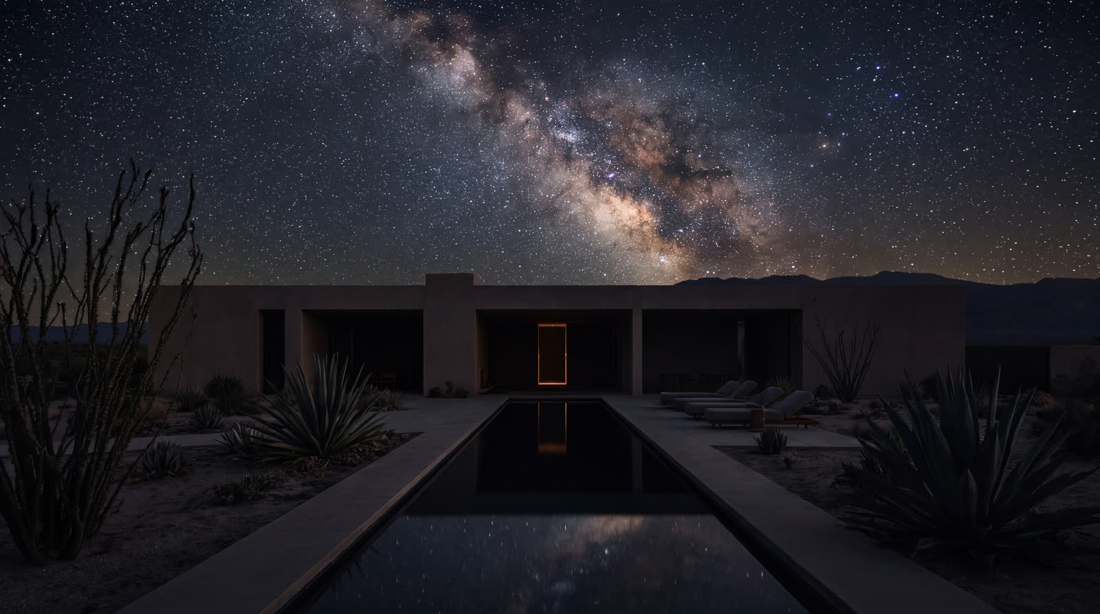 The house as long black volumes under a sky dense with stars, the pool a still black mirror holding them.